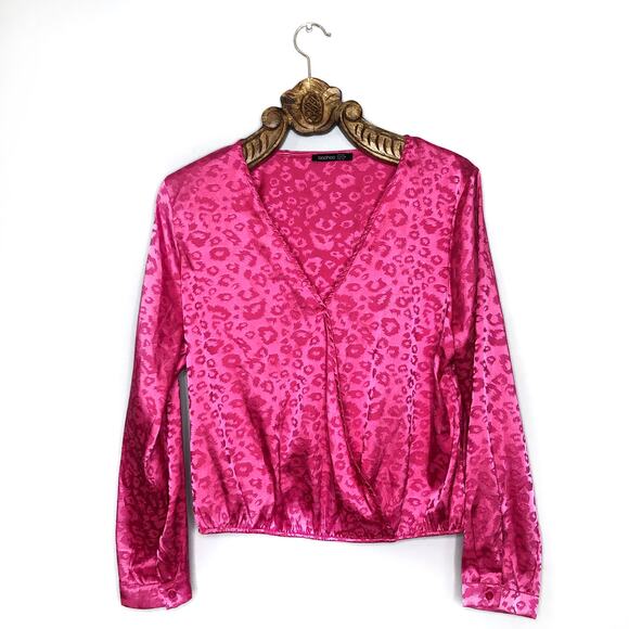 BooHoo Satin Pink Leopard Surplice Blouse Long Sleeve V Neck Made in Italy 20 - Picture 1 of 6